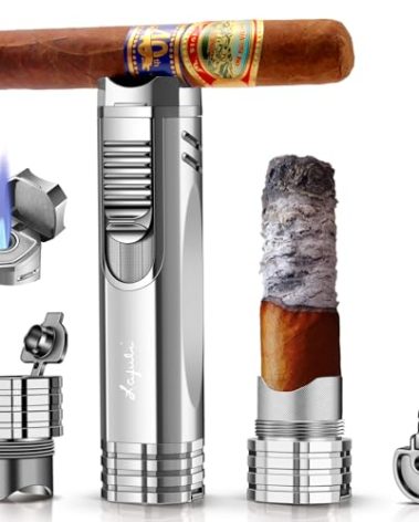 LAFULI Cigar Lighter, Cigar Punch, Cigar Draw Enhancer, Cigar Holder,All-in-one Refillable Butane Torch Lighter. Cigar Accessories(Gas Not Included)