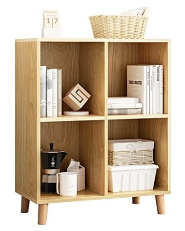 IOTXY Freestanding Open Cubes Bookcase - 2-Tier Floor Standing Wooden Storage Display Cabinet Organizer with Legs for Home Office, 4-Cubes Open Shelf Low Short Bookshelf, Oak