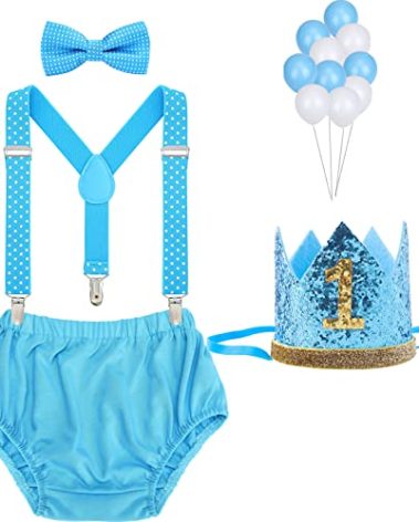 WELROG Baby Boys First Birthday Cake Smash Outfit Bow Tie Suspenders Bloomers Birthday Hat Sparkle Gold Set（Sky Blue）