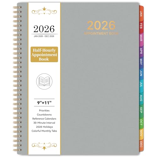 2026 Appointment Book/Planner - Weekly & Monthly, 9" x 11", Large, Jan 2026 - Dec 2026, 30-Minute Interval, Daily Hourly Planner, Colorful Monthly Tabs, Inner Pocket, Grey