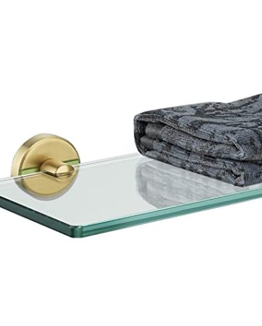 JQK Bathroom Glass Shelf Gold, Tempered Glass Shower Storage 24 by 5 inches, 304 Stainless Steel Brushed Gold Wall Mount, TGS101L24-BG