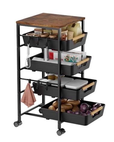 Landmok 5-Tier Kitchen Storage Cart, Wood Top Rolling Cart Organizer with Pull-Out Baskets & Wheels, Metal Snack Cart with Holder for Fruit, Vegetable, Microwave, Kitchen, Pantry, Black