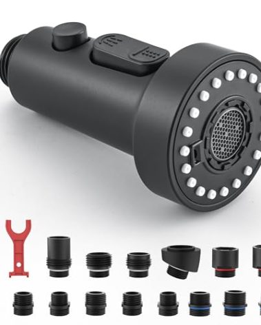 J-HVA Pull Down Kitchen Faucet Sprayer Head Replacement Part, 3 Function with 15 Adapters Pull Out Sink Sprayer Replacement Nozzle, Kitchen Faucet Head Hose Spray Tap Spout, Matte Black
