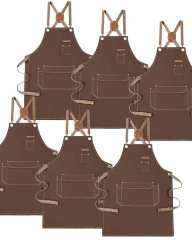 RockyToy Chef Apron with Cross Back Straps for Men Women, Cotton Canvas Apron for Artists Painting, Kitchen Cooking (Brown 6Pack)
