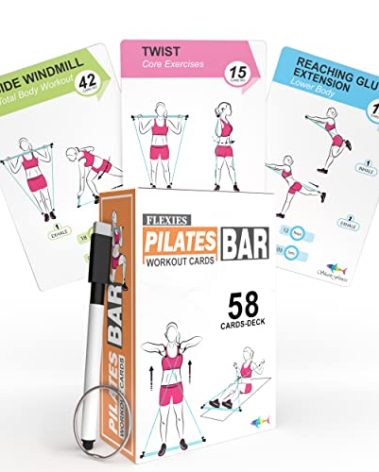 Flexies Pilates Bar Workout Cards - 58 Exercise Cards with Pilates Stick Work Out Postures, Instructions & Breathing Tips | Free Ring & Dry-Erase Marker to Create Your Customize Workout Planner Chart