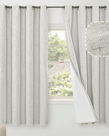60 Inch Wide Linen Blackout Curtains for Bedroom 63 Inch Length 2 Panels, Total Black Out Thermal Insulated Energy Efficiency Grommet Boho Window Drapes White Liner for Modern Farmhouse, Light Grey