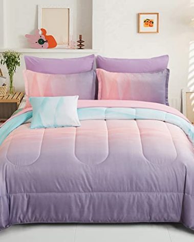 Dinjoy Girls Comforter Set Twin Size Colorful Ombre Blue Pink Purple Rainbow Bedding Set 6 Pieces Bed in A Bag for Kid Teen (1 Comforter, 1 Flat Sheet, 1 Fitted Sheet, 1 Pillow sham, 2 Pillowcases)