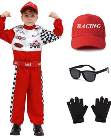 Aroacle Race Car Driver Costume Boys Racing Suit with Car Cap Sunglasses Kids Racer Dress Up for Halloween (Red, 6-7T)