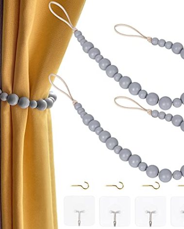 OCIOLI 2 Pieces Wood Bead Curtain Tieback Boho Curtain Tiebacks Curtain Holdbacks for Wall Curtain Ties Curtain Tie Backs with Hooks for Boho Decor Bedroom Decor Nursery Decor (Grey, 2)