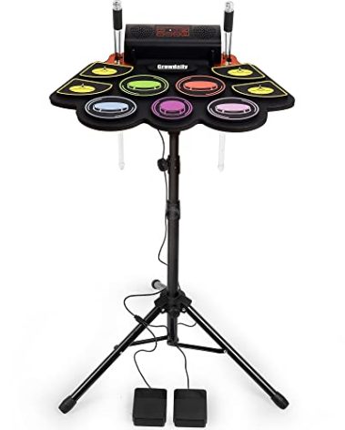 Electric Kids Drum Set,Electronic Drum Set Practice 9 Pads With Stand,Music Recording,Light Up Drum Sticks,Drum Pedal,Midi,Dual Stereo Speaker(Rainbow)