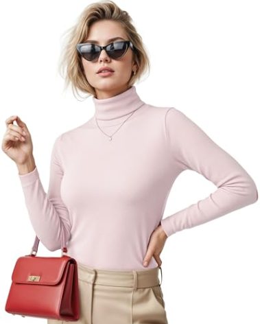 NY Threads Women's Turtleneck Long Sleeve Shirt Slim Fit Thermal Base Layer Tops 1 Pack, Medium, Baby Pink