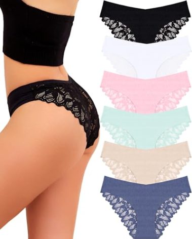 Sexy Underwear for Women Seamless Soft Lace Hipster Ladies No Show Bikini Panties Womens Cheeky 6 Pack Medium