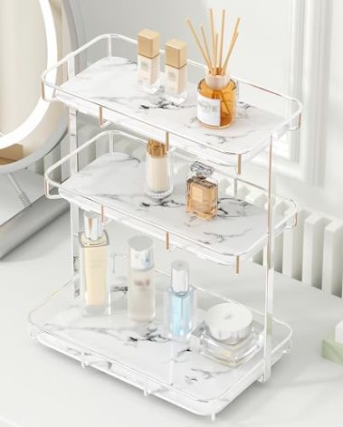 Bathroom Organizer Countertop Perfume Organizer Makeup Organizer Cosmetics Storage Display Rack Vanity Tray Dresser Stainless Steel Gold Shelf White Marble Ceramic Tray
