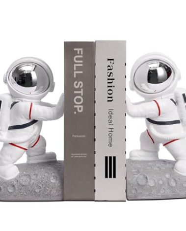 Kakizzy Space Theme Bookends - Astronaut Kids Book Stoppers, Heavy Duty Resin Bookends for Shelves (D-Silver Color)