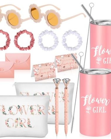 Sieral 16 Pcs Flower Girl Proposal Gifts Tumblers with Card Envelope Canvas Makeup Bag Sunglasses Hair Scrunchies Diamond Pen for Wedding Bridal Shower(Flower,Pink)