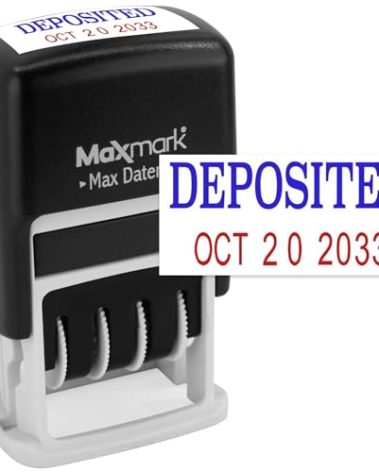 MaxMark Self-Inking Rubber Date Office Stamp with DEPOSITED Phrase Blue Ink & Date RED Ink (Max Dater II), 12-Year Band