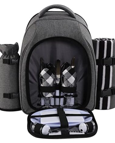 apollo walker Picnic Backpack Bag for 2 Person with Cooler Compartment, Detachable Bottle/Wine Holder, Fleece Blanket, Plates and Cutlery Set (2Person,Grey)
