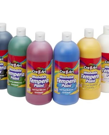 Cra-Z-Art Washable Tempera Paint Bulk Pack 6 Color Set Assorted Colors 32oz each bottle, 6 Super Bright Finger Paint Color, Great Back to School Teacher Supplies