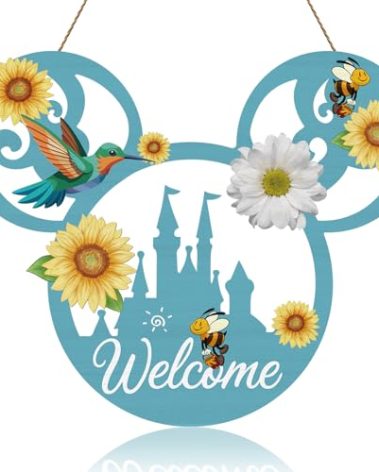 Summer Welcome Door Sign Mouse Shaped Decorations – Sunflower, Bee & Hummingbird Wooden Door Hanger,Rustic Wall Decor for Front Porch, Garden, Indoor Outdoor Seasonal Decoration
