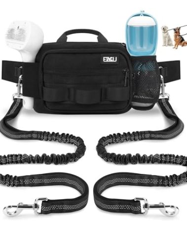ETACCU Hands Free Dog Leash with Zipper Pouch, Waist Belt for Large Medium 2 Dogs for Running, Walking, Jogging and Hiking, Dual Padded Handles and Durable Bungee - Black
