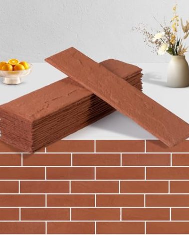 Zoeteoz 17 Pcs Faux Thin Brick Tiles Veneers, 2.38 Sq.ft, Realistic Brick Texture and Lightweight, Indoor Outdoor Decorative, Brick Veneer for Interior Walls, Facade, Garage, Chimney (Orange Red)