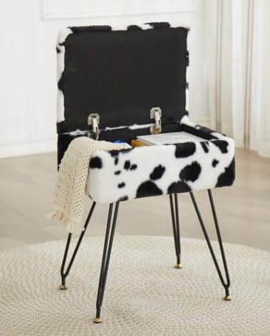 Leesingdo Vanity Stool Chair, Faux Fur Ottoman Foot Stool with Metal Legs & Adjustable Black Feet, Flip Top Storage Makeup Stool with Soft Padded Seat, Foot Rest for Makeup Room Bedroom, Cow