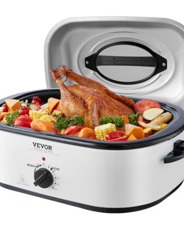 VEVOR Electric Roaster Oven, 22 QT Turkey Roaster with Self-Basting Lid, 1450W Roaster with Defrost & Warm Function, Adjustable Temp, Removable Pan & Rack, Fits Turkeys Up to 26LBS, White