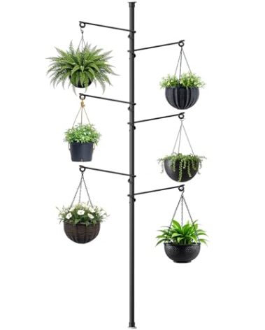 Zononoca Tension Rod Plant Stand, Plant Poles for Hanging Plants Indoor, Metal Floor to Ceiling Hanging Plants Stand, Tension Pole Plant Stand with 6 Hooks (Fit 3.6-10ft)