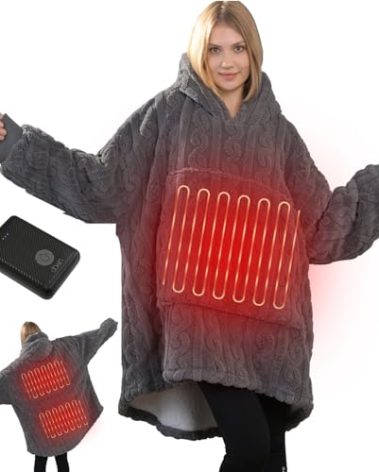 Dowin Heated Wearable Blanket Battery Powered, Come with 5000mAh Portable Rechargeable Charger, USB Fannel Sherpa Oversized Hoodie Sweatshirt, Machine Washable, Grey