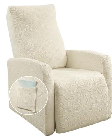 SearchI Recliner Chair Cover Jacquard Chair Covers 4 Piece, Small Recliner Sofa Slipcover for Home Theater Seating with Elastic Bottom, Recliner Protector with Pocket for Recliners, Beige