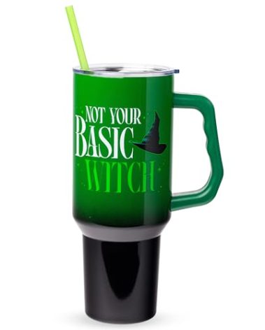 Silver Buffalo Wicked Elphaba Not Your Basic Witch Ombre Stainless Steel Tumbler with Handle and Straw, Fits in Standard Cup Holder, 40 Ounces