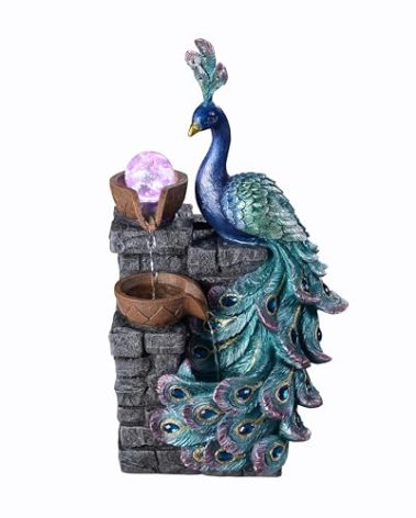 MAOCHI Tabletop Water Fountain Decor, Peacock with LED Glass Color Changing Globe,Relaxation Decorative Desktop Water Zen Fountain for Home/Office,Living Room Décor.13.78" Tall