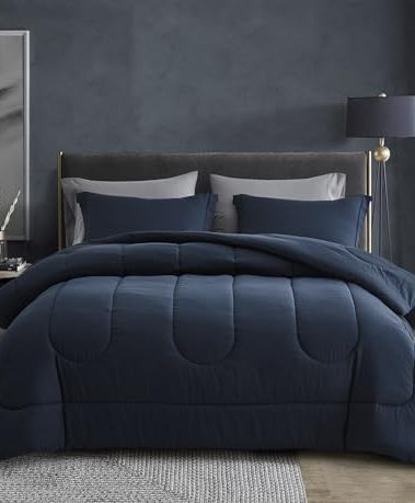 Maple&Stone Oversized King Comforter Sets 7 Pieces Bed in a Bag - Down Alternative Bed Set with Comforter, Sheets, Pillowcases & Shams, All Season Lightweight Bedding Set (Navy,120x98)