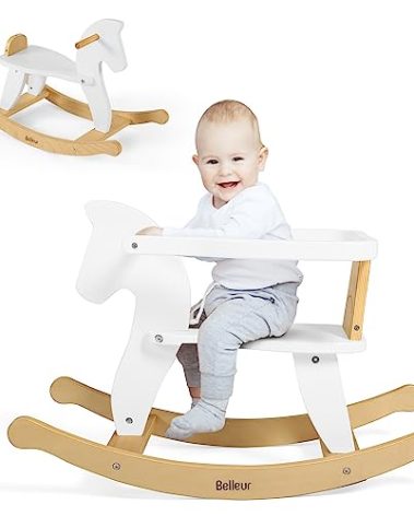 Belleur Rocking Horse for Kids 1-3 Years Old, Wooden Rocking Toy for Toddlers with Removable Fence for Indoor & Outdoor Activities, Baby Horse Riding Toy for Birthday & Visit Gifts