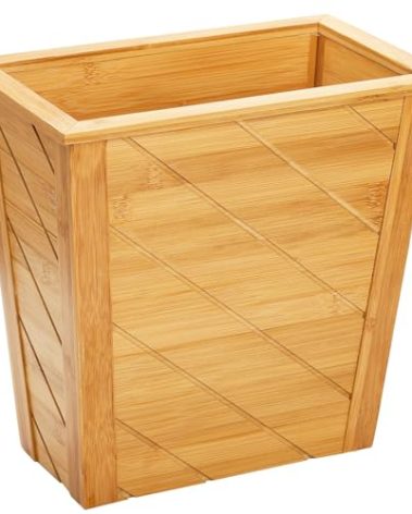 Frcctre Bamboo Waste Basket, Rectangular Compact Waste Trash Can Garbage Bin Built-in Handles Brown Container Bin for Bedroom, Office, Living Room, Kitchen, Bathroom