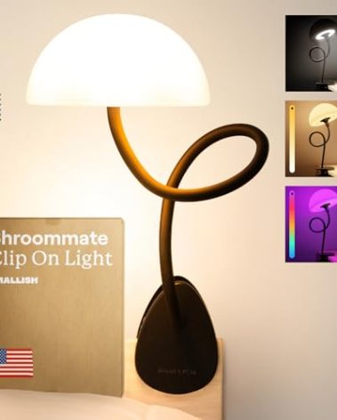 Shroommate Clip On Light and Bed Headboard Lamp, Bedside Table Lamp for Dorm, College Dorm Room Essentials, Night Light for Kids Nursery, Clip on for Desk, MultiColor LEDs, Adapter Included (Black)