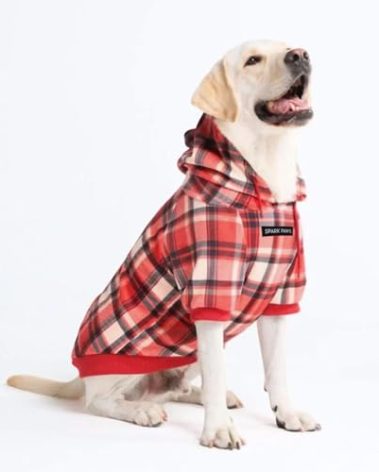 Spark Paws Dog Hoodie – Premium Dog Sweater for Small, Medium, and Large Dogs | Warm Outfits for French Bulldogs, Pitbull, Puppy, Winter Jacket Alternative - Red Plaid, 3XL
