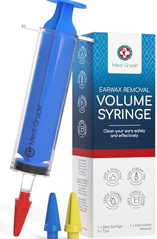 Medi Grade Ear Syringe Ear Wax Removal Kit with 3 Quad-Stream Tips - Ear Irrigation Flushing System - Ear Wax Cleaner to Improve Hearing Clarity and Aural Hygiene - Large Ear Wax Syringe - 2.03 fl oz