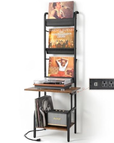 Record Player Stand with Power Outlet, Record Player Table with Vinyl Record Storage up to 200 Albums, Turntable Stand with Record Holder Vinyl Display Shelf, Record Player Cabinet Organizer Rack
