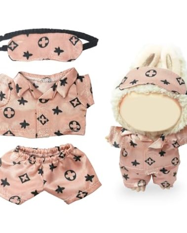 Clothes Compatible with LABUBU Doll - 3PCS Classic Set, 17cm Doll Clothes Designer Outfit for Cozy Night Theme, Stylish Luxury Pajama Accessories for Labubu, No Doll (Rosy Sleepwear Set)