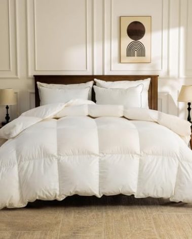 BPC Lightweight Organic Feather Down Comforter California King, Hotel Luxury Duvet Insert with 100% Cotton Cover and Puffy Feather Down Filling, for Summer/Hot Sleepers, Ivory White, 104x96 Inches