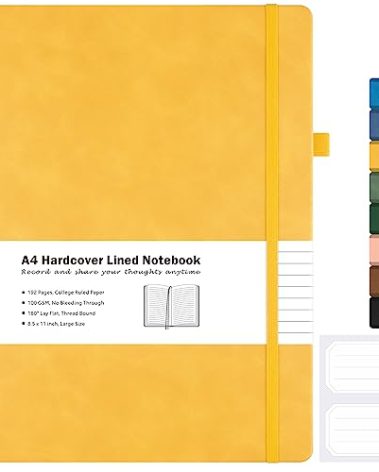 College Ruled Notebook, A4 Hardcover Leather Notebook for Work, Lined Notebook Journal for Women, Men, 192 Thick Paper, 8.5" x 11", Large Notebook with Pockets, Professional Business Notebook, Yellow