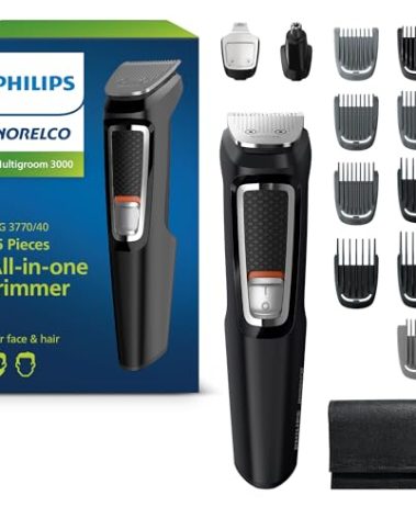 Norelco Philips Multigroom 3000 Series, All-in-One Trimmer, Beard Trimmer and Hair Clipper, 15-Piece Men's Grooming Kit for Head, Beard, Face, Nose, Ears, No Blade Oil Needed, Soft Pouch, MG3770/40