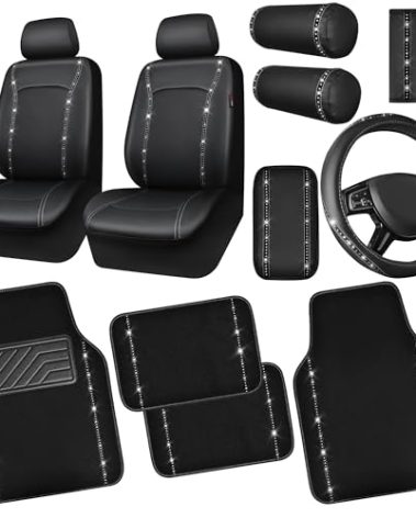 CAR PASS 14 PCS Bling Diamond Car Accessories Set for Women, Leather Seat Covers Front Seats Sparkly Rhinestone 15'' Steering Wheel Covers Shining Diamond Car Floor Mats Cute Interior Sets, Silver