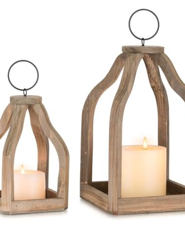 Staymoment Wood Lanterns Decorative Indoor: Farmhouse Hanging Candle Holder Set of 2 Brown Table Centerpiece Fireplace Mantle Shelf 11" & 8" Rustic Home Decor Fall Ornaments