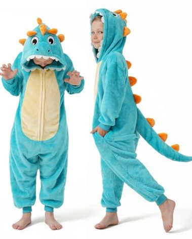 DILUFUN Kids Boys Girls Dinosaur Onesie Costume,One Piece Pajamas,Halloween Funny Animal Onesie Cosplay Costume Sleepwear,Dinosaur GR 7-8Y