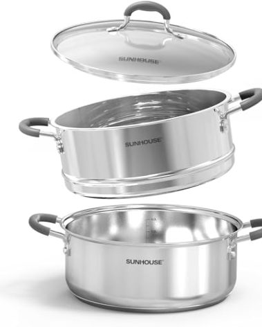 SUNHOUSE - 4.6 Quart Steamer Pots With Lid 2-Tier Multipurpose Stainless Steel Steaming Pot Cookware With Handle For Vegetable, Dumpling, Sauce, Food - Triple Bottom, Measurement Line