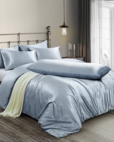 Ersmak 6 Pieces Satin Duvet Cover Full/Queen Size Luxury Silky Bedding Duvet Cover Set with 1 Soft Duvet Cover, 4 Queen Pillowcases and 1 Body Pillowcase, Baby Blue