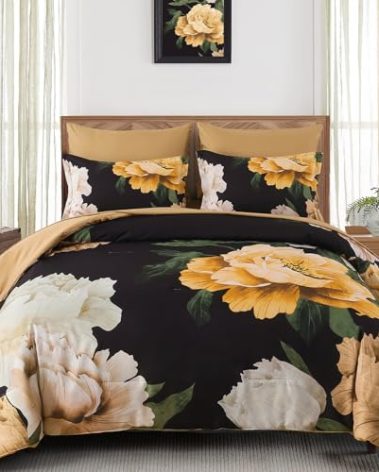 Dobuyly Black Floral Comforter Set Queen 7 Piece Bed in a Bag, Yellow Brown Flower Printed on Black Comforter Set with Sheets, Soft Microfiber Botanical Boho Bedding Set for All Season