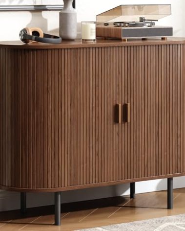 Lefurture Buffet Cabinet with Storage, 40" Fluted Sideboard Buffet with Sliding Door, Coffee Bar Cabinet with Adjustable Shelf, Console Table, Accent Table for Entryway, Kitchen, Dining Room, Walnut